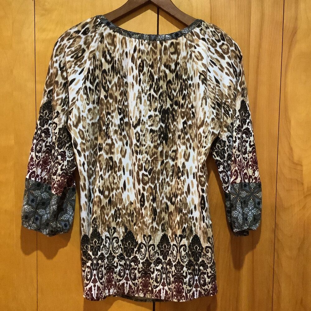 Fig & Flower Womens Multicolor Animal Print Patchwork Top Beading Size M Boho - Picture 8 of 9